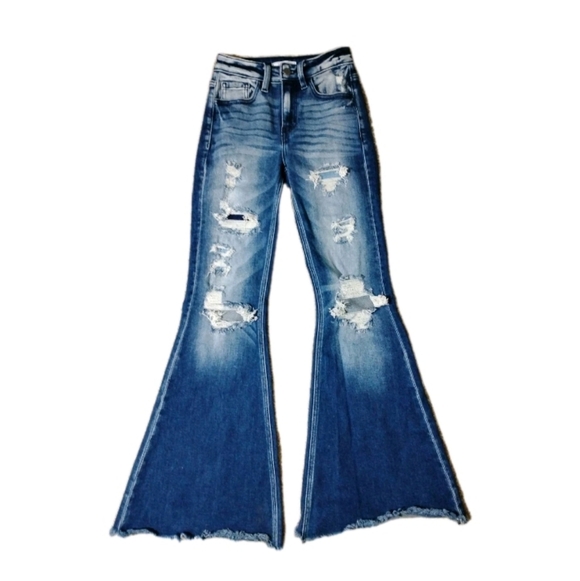 Kancan High-Rise Flare Jeans Dark Distressed Stretch Women's Size 23/0 - Picture 1 of 5